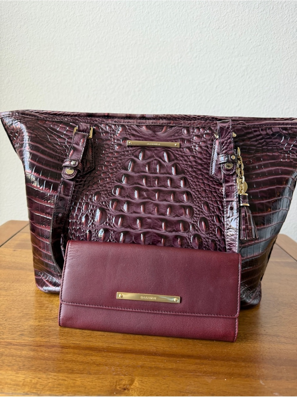 Brahmin Plum Croc-Embossed Tote with Matching Wallet